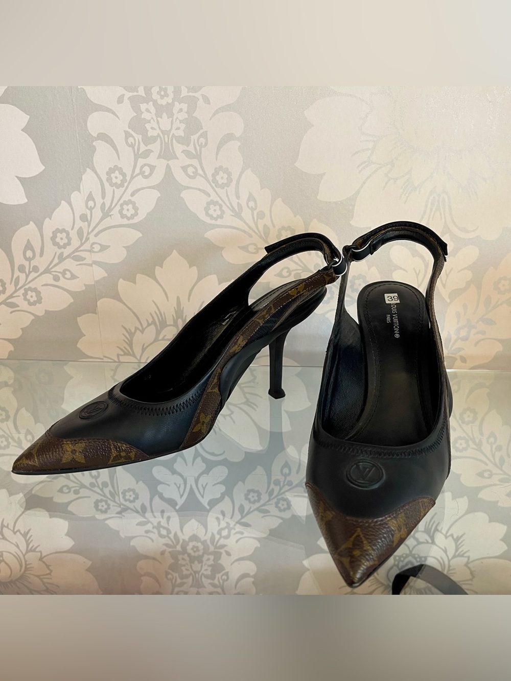 Louis Vuitton Black & Brown Monogram Pointed Archlight Slingback Heels